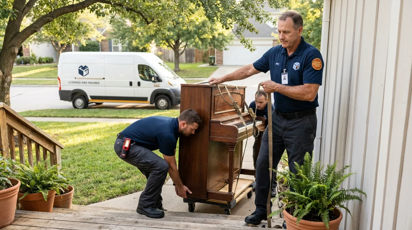 Licensed piano movers securing grand piano in Jonesboro, IN