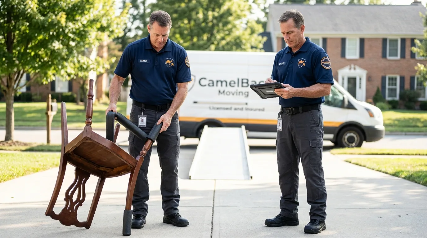 Movers inspecting furniture for damage prevention before loading in Jonesboro, IN